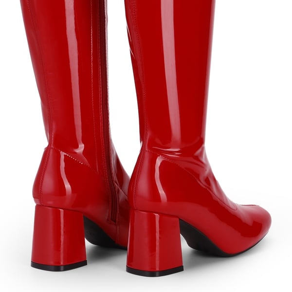 Desire Square Toe Chunky Knee High Gogo Boots - RED PATENT PU - 4